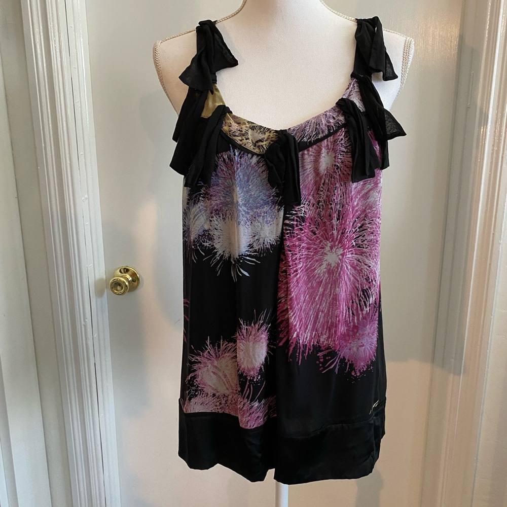 Diane Von Furstenberg black abstract pink silk tank cami top size 8